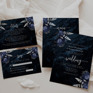 Carte D'accompagnement Marine Bleu Argent Floral Agate Script Mariage RSV
