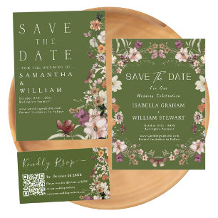 Boho Wildflower Rustic Moss Green Save The Date Invitation
