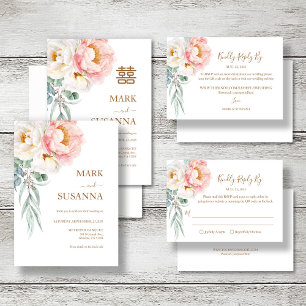 Chinese Elegant Peony Double Happiness Wedding Invitation