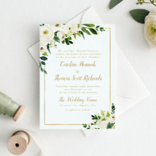 modern white floral green & gold geometric wedding invitation