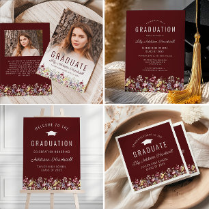 Boho Wildflowers Burgundy Graduation Party Invitation