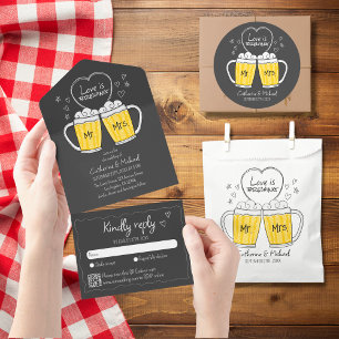 Love is Brewing Hand Drawn Beer Glasses Wedding All In One Invitation