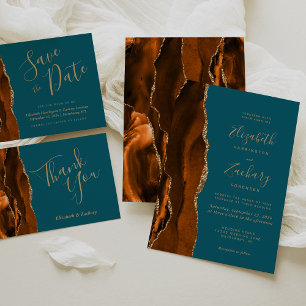 Burnt Orange Agate Gold Teal Wedding Invitation