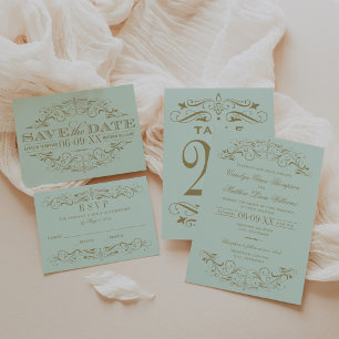 Vintage Mint Blue Green and Antique Gold Wedding Menu