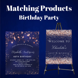 Birthday navy blue rose stars budget invitation