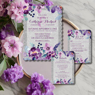 Purple Watercolor Floral & Silver Glitter Wedding RSVP Card