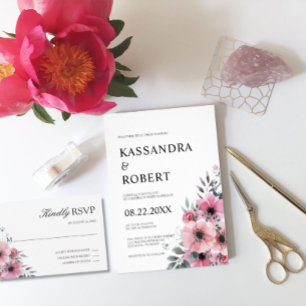 Watercolor Floral Pink Grey Anemone Wedding Invitation