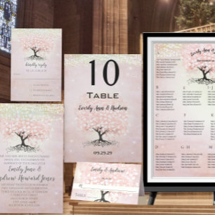 Elegant Blush Pink Heart Leaf Tree Wedding All In One Invitation