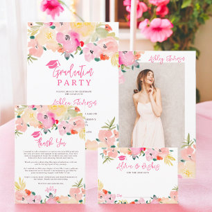 Spring pink boho chic garden floral graduation invitation