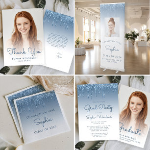 2025 Glam Blue Glitter Drip Photo Graduation Invitation