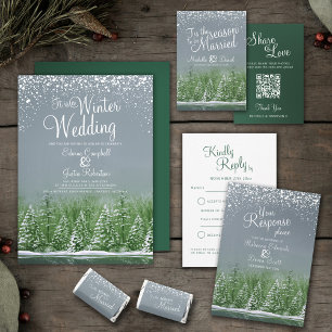 Winter wedding pine lake grey green art photo invitation