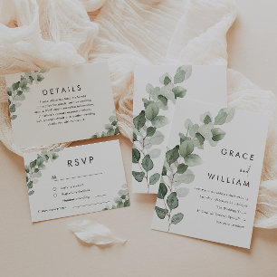 Sage Green Watercolor Leaves Modern Wedding Invitation