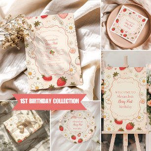 Pink Strawberry Berry First 1st Birthday Wrapping Paper