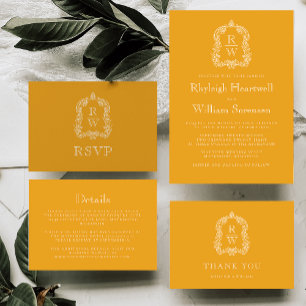 Monogram Crest Marigold Yellow Wedding Details Enclosure Card