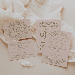 Vintage Blush and Antique Gold Flourish Wedding Invitation