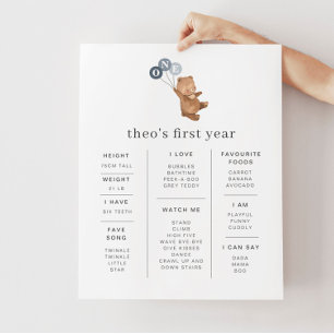 Bear 3 Blue Balloons Photo 1st Birthday Invitation
