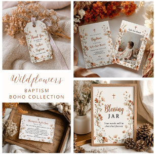 Boho elegant Wildflower Dusty Rose Photo Baptism Invitation
