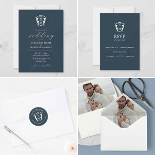 Budget Monogram Blue Wedding Invitation Flyer