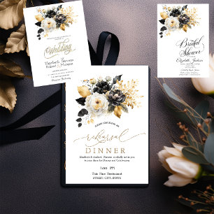 Gold Black White Flowers Engagement   Invitation