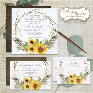 BOHO Chic Sunflower Floral Eucalyptus Leaf Wedding Invitation