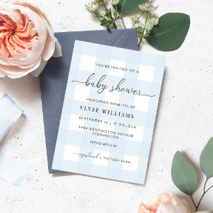 Blue Gingham Baby Shower Gold Foil Invitation
