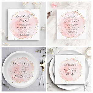 Blush Pink and Gold Watercolor Sweet Sixteen Invitation