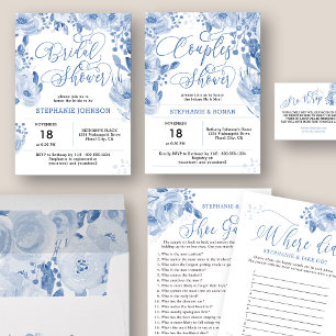 Elegant Dusty Blue Floral Couples Shower Invitation