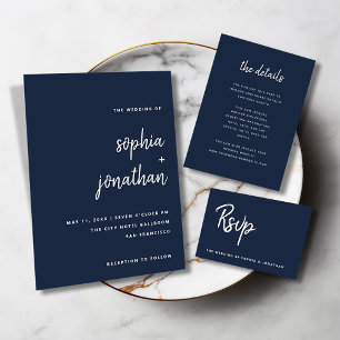 Modern Minimalist Script Navy Blue Wedding Details Enclosure Card