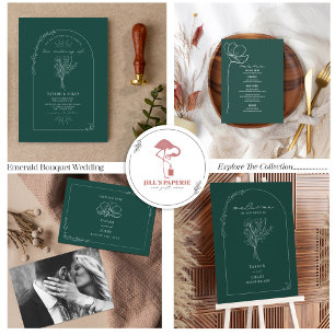 Line Art Arch Bouquet Emerald Wedding Invitation