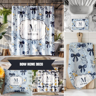 Custom Elegant Blue Bow Floral Monogram Bath Mat