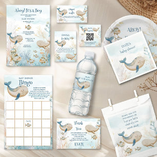 Ahoy Its a Boy Blue Beige Coral Whale Baby Shower Invitation