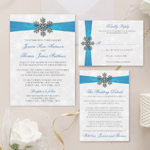 Invitation En Aluminium Diamante Snowflake & Blue Ribbon Mariage d'hiver
