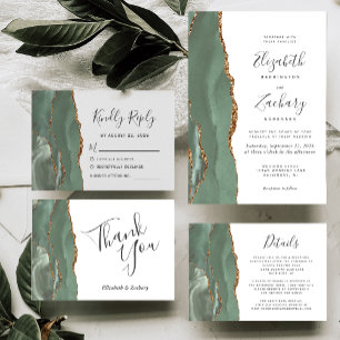 Modern Sage Green Gold Agate Wedding Invitation