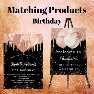 Birthday black rose gold glitter balloons luxury magnetic invitation