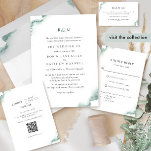 Elegant, Formal Green Watercolor Monogram Wedding Invitation