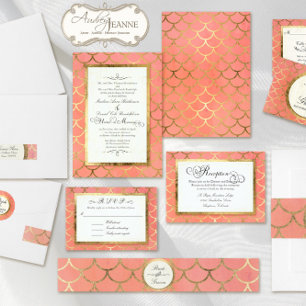 Art Deco Shell Pattern Gold Watercolor Wedding Invitation