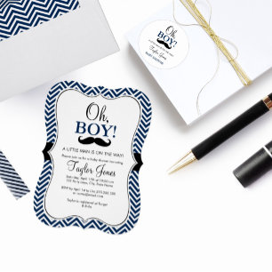 Oh Boy Moustache Baby Shower Invite / Navy