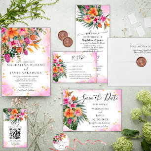 Watercolor Floral Tropical Bouquet Pink & Orange All In One Invitation