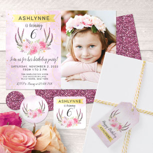 Floral Antlers & Blush Pink Gold Marble Birthday Square Sticker