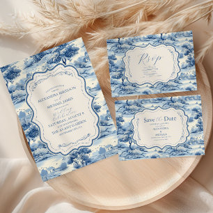 Blue Chinoiserie Porcelain Botanical Peony Wedding Invitation