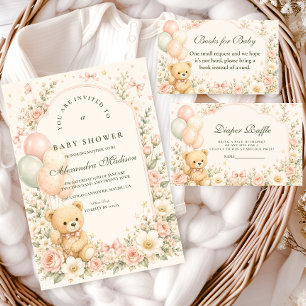 Sweet Teddy Bear Floral Baby Shower Invitation