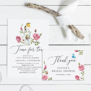 Elegant watercolor roses & cup tea bridal shower thank you card