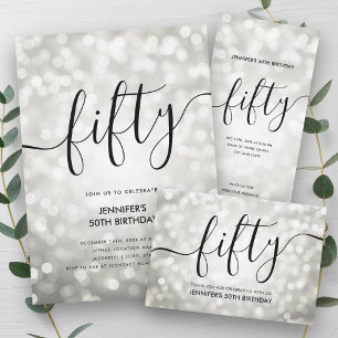 Script Silver Glitter Lights 50th Birthday  Classic Round Sticker