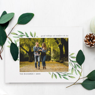 Watercolor Greenery Modern 3 Photo Holiday Postcard