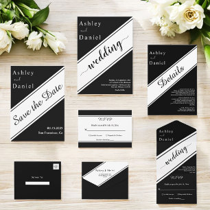 Elegant Modern Black And White Chic Wedding All In One Invitation