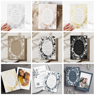 White Wildflower Silhouette Wedding Tan Invitation