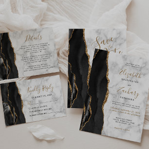 Modern Black Gold Agate Marble Wedding Invitation