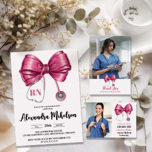 3 Photo Bow Stethoscope Nursing School Graduate  Announcement