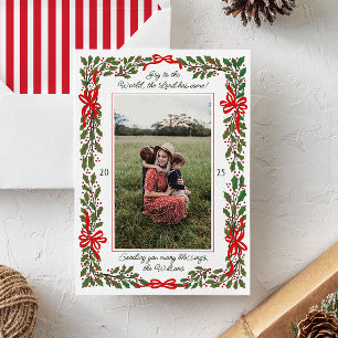 Red Bows and Holly Garland One-Photo Christmas Holiday Card