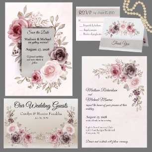 Gorgeous Vintage Flowers on Pale Pink Wedding Invitation